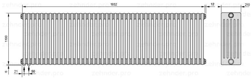 Схема (чертеж) Радиатор Zehnder Charleston 6110/42 №3370 Белый глянцевый RAL 9016
